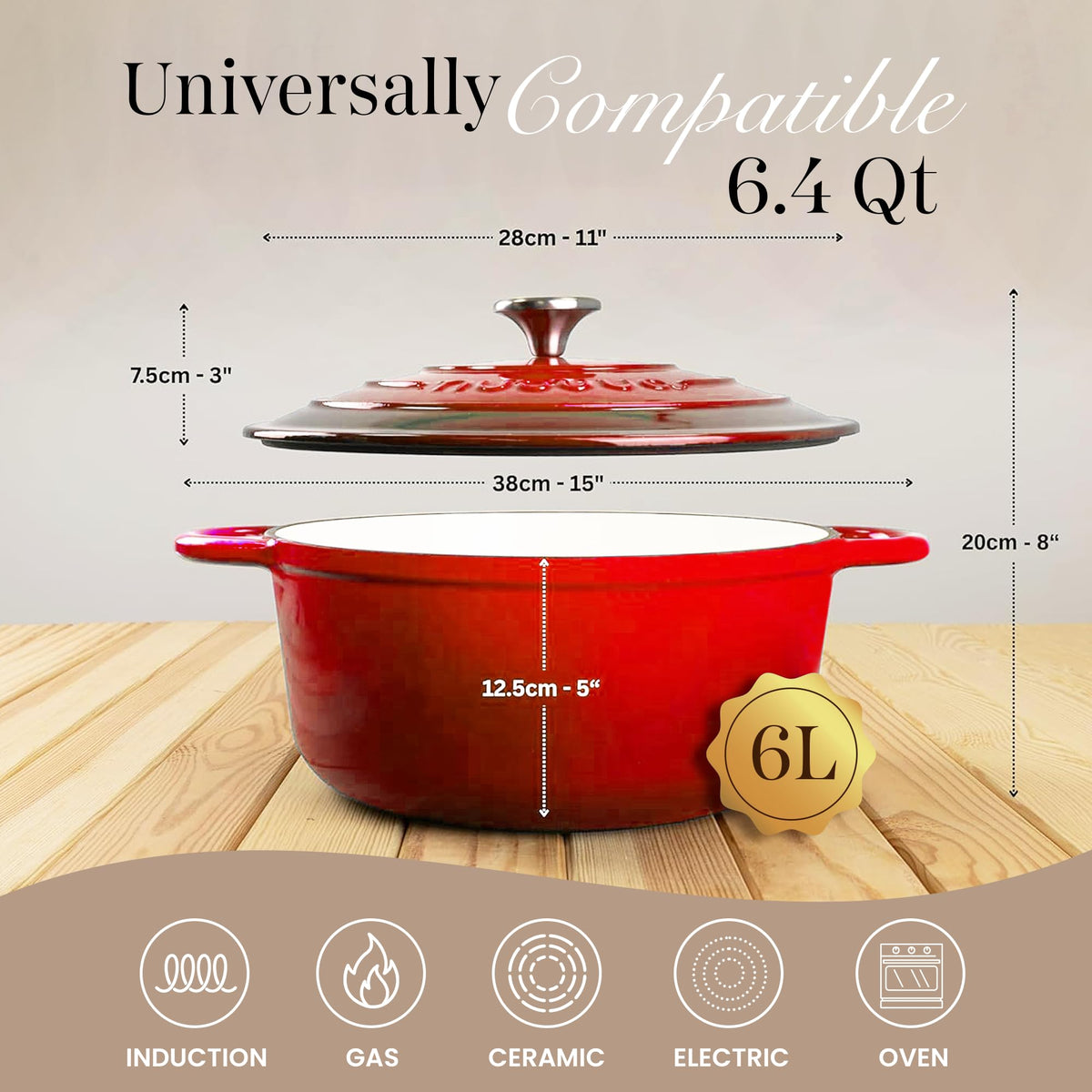 Nuovva dutch oven red enamelled side view ideal for simmering and braising.