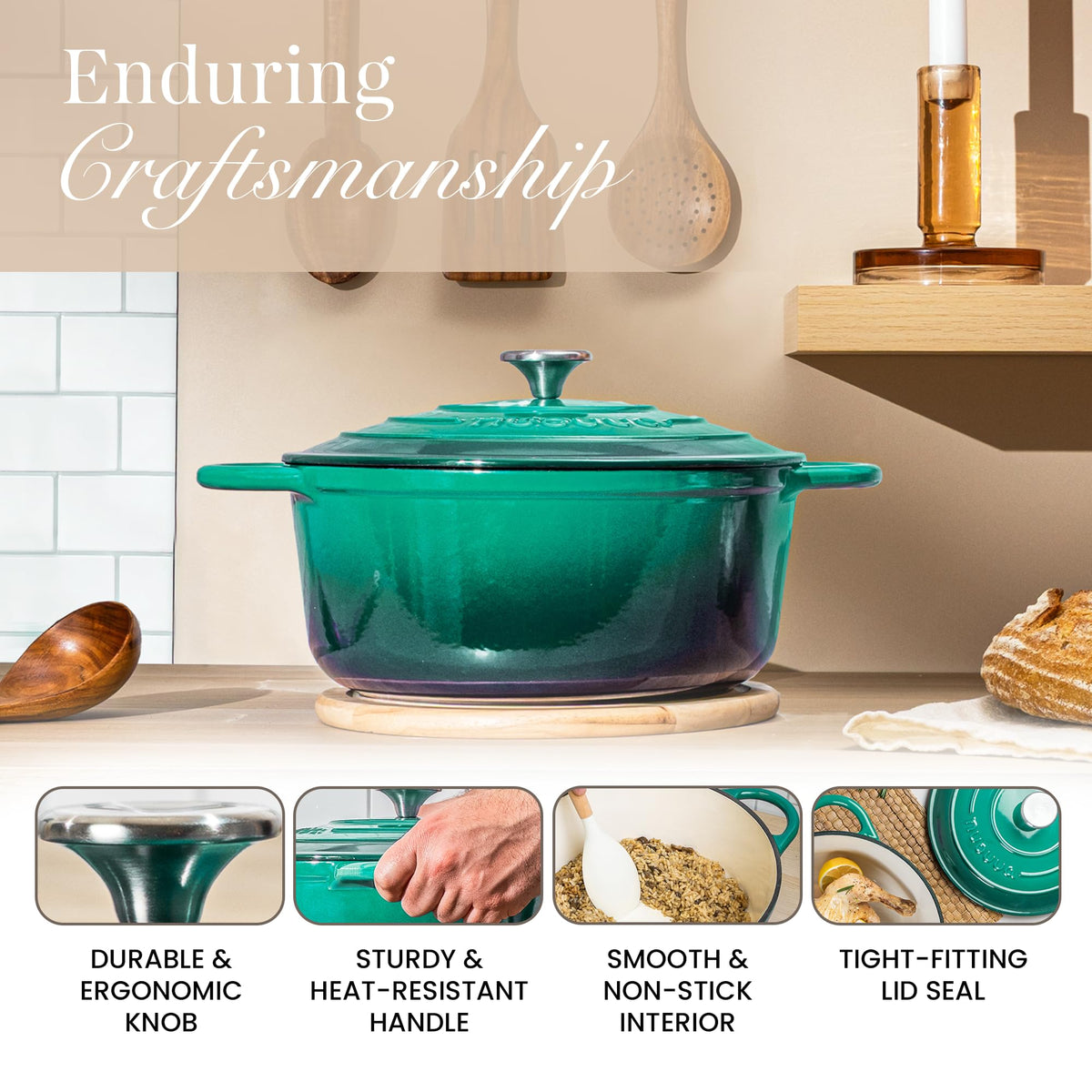 Nuovva table serving scene with green enamel for family meals