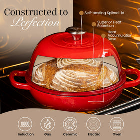 Nuovva enamelled red dutch oven lid-on scene emphasizes steam trapping.