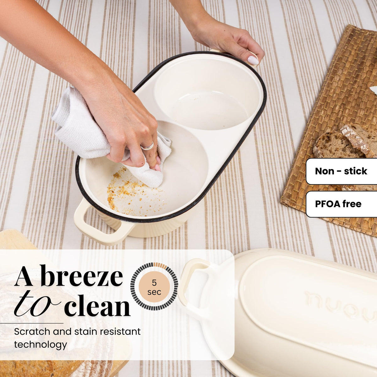 Nuovva secure handles aid safe transfer from oven.
