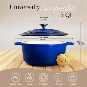 Nuovva enamelled casserole in dark blue ready for hob and oven use