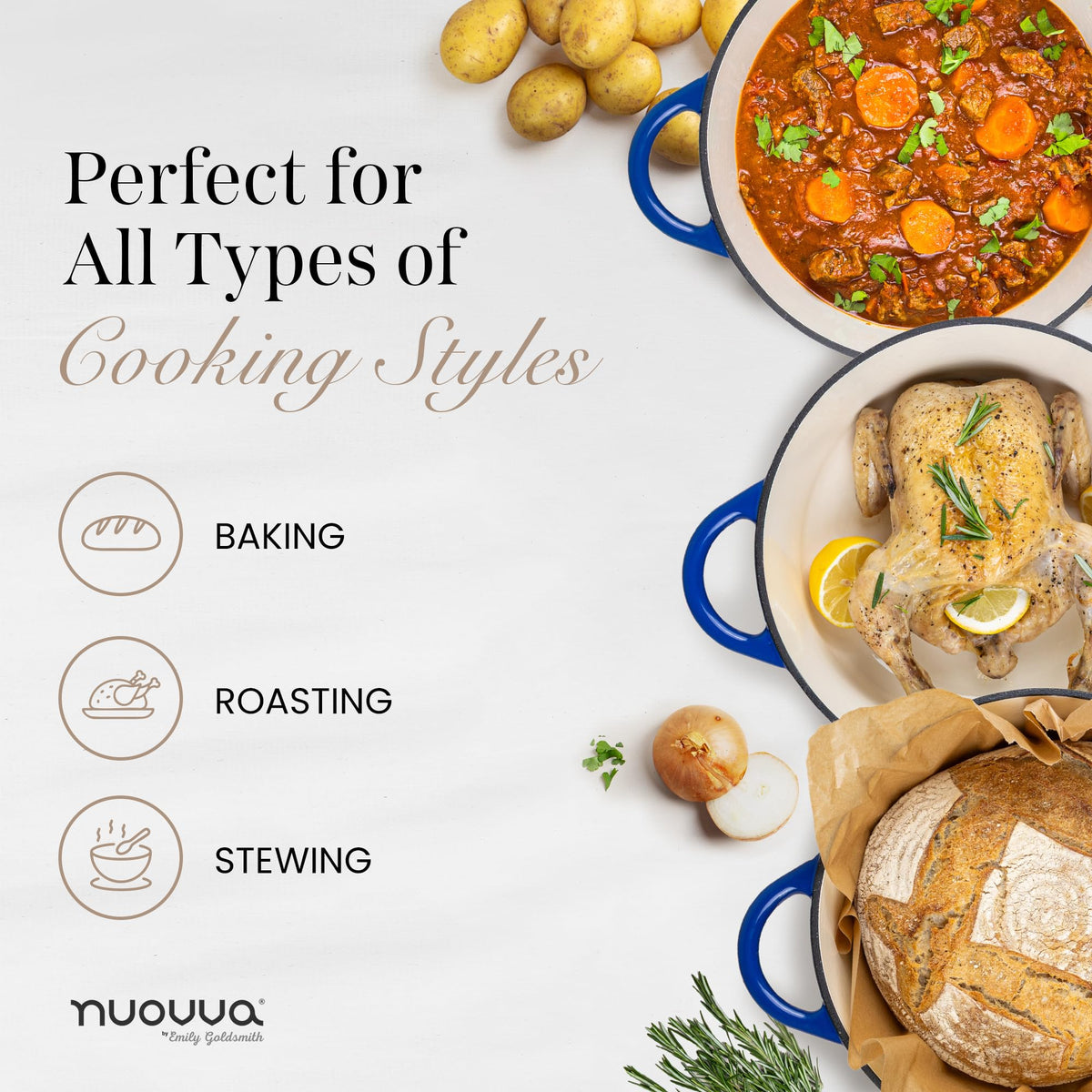 Nuovva enamelled casserole that facilitates easy serving and presentation