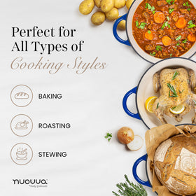 Nuovva enamelled casserole that facilitates easy serving and presentation