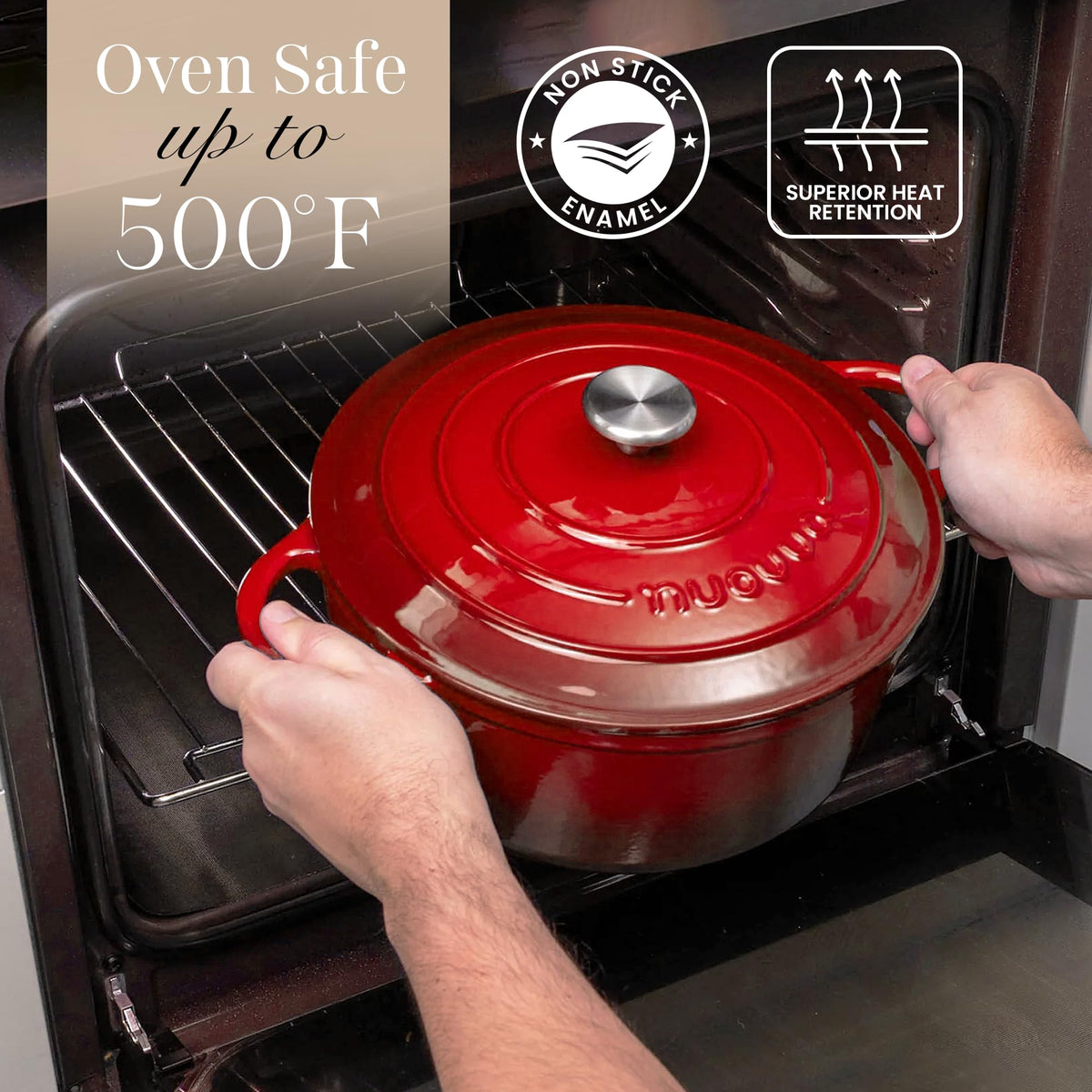Nuovva enamelled cast iron pot lid and robust handles for easy transport.