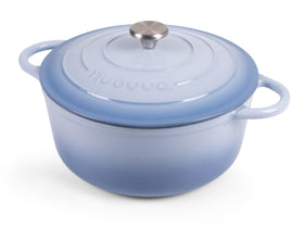 Nuovva enamelled cast iron Dutch oven in blue, ready for family meals.