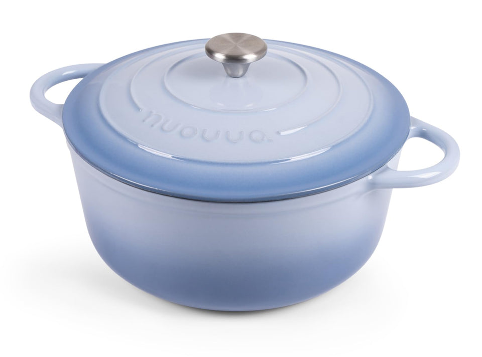 Nuovva enamelled cast iron Dutch oven in blue, ready for family meals.