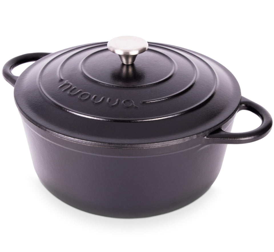 Nuovva enamelled cast iron dutch oven on stove showing even heat distribution for searing