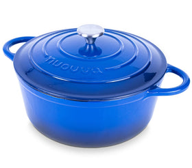 Nuovva enamelled cast iron Dutch oven 6.4 qt in dark blue for even heat and easy cleaning.