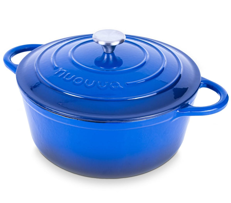 Nuovva enamelled cast iron Dutch oven 6.4 qt in dark blue for even heat and easy cleaning.