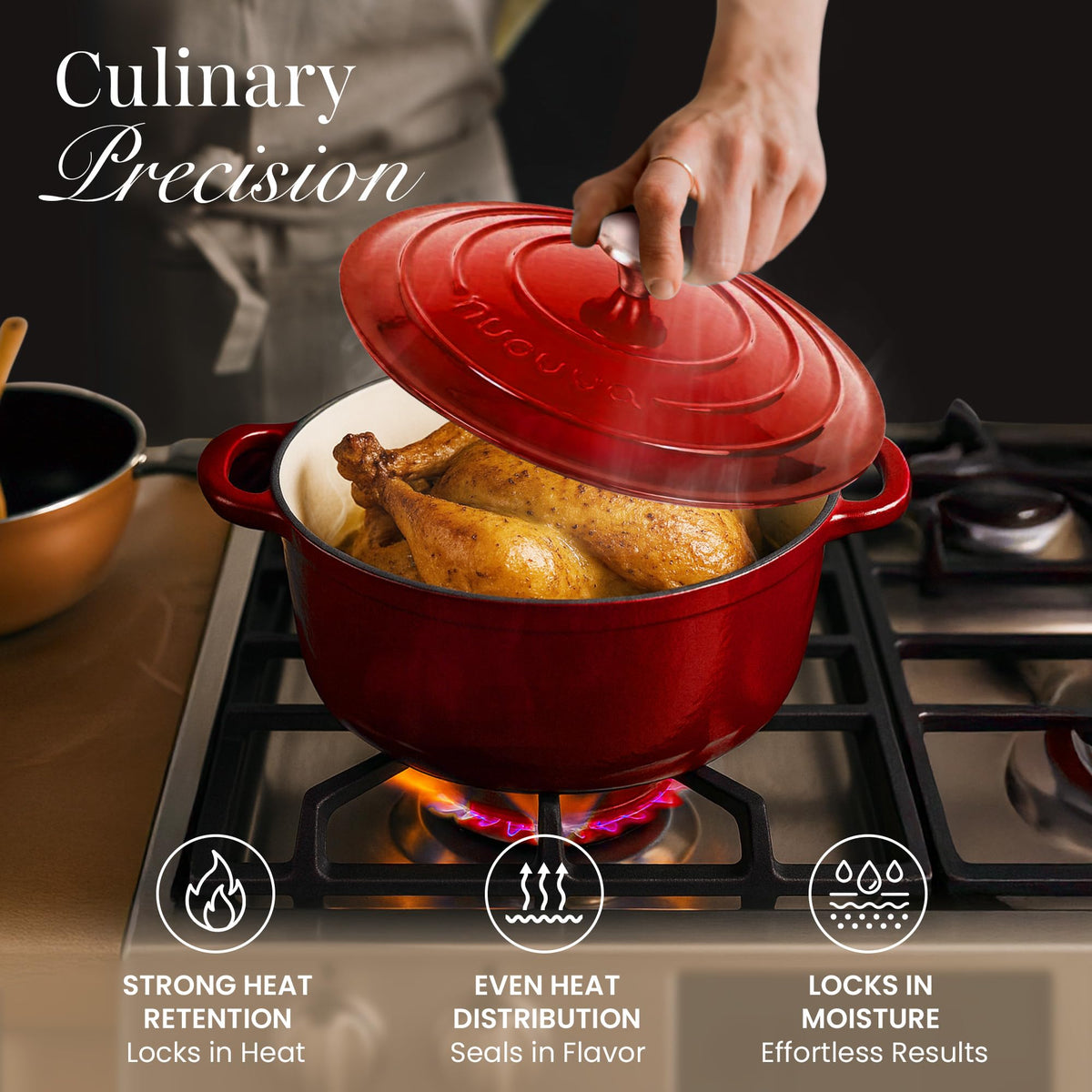 Nuovva enamelled cast iron dutch oven with non-stick surface for quick cleanup.