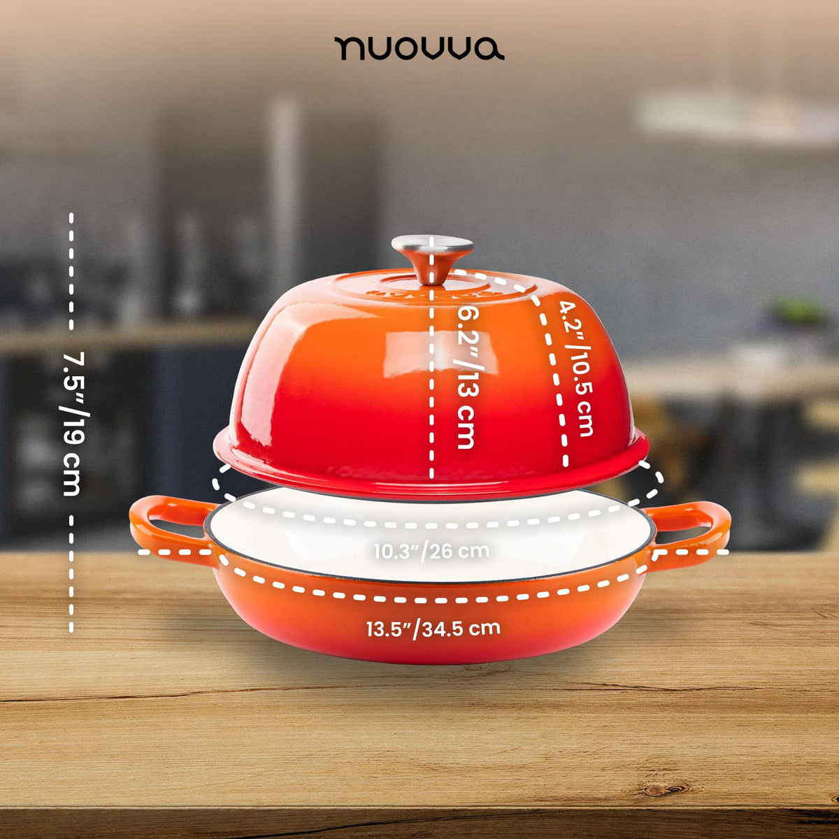 Nuovva orange Dutch oven with bread loaf in oven ready for bake.