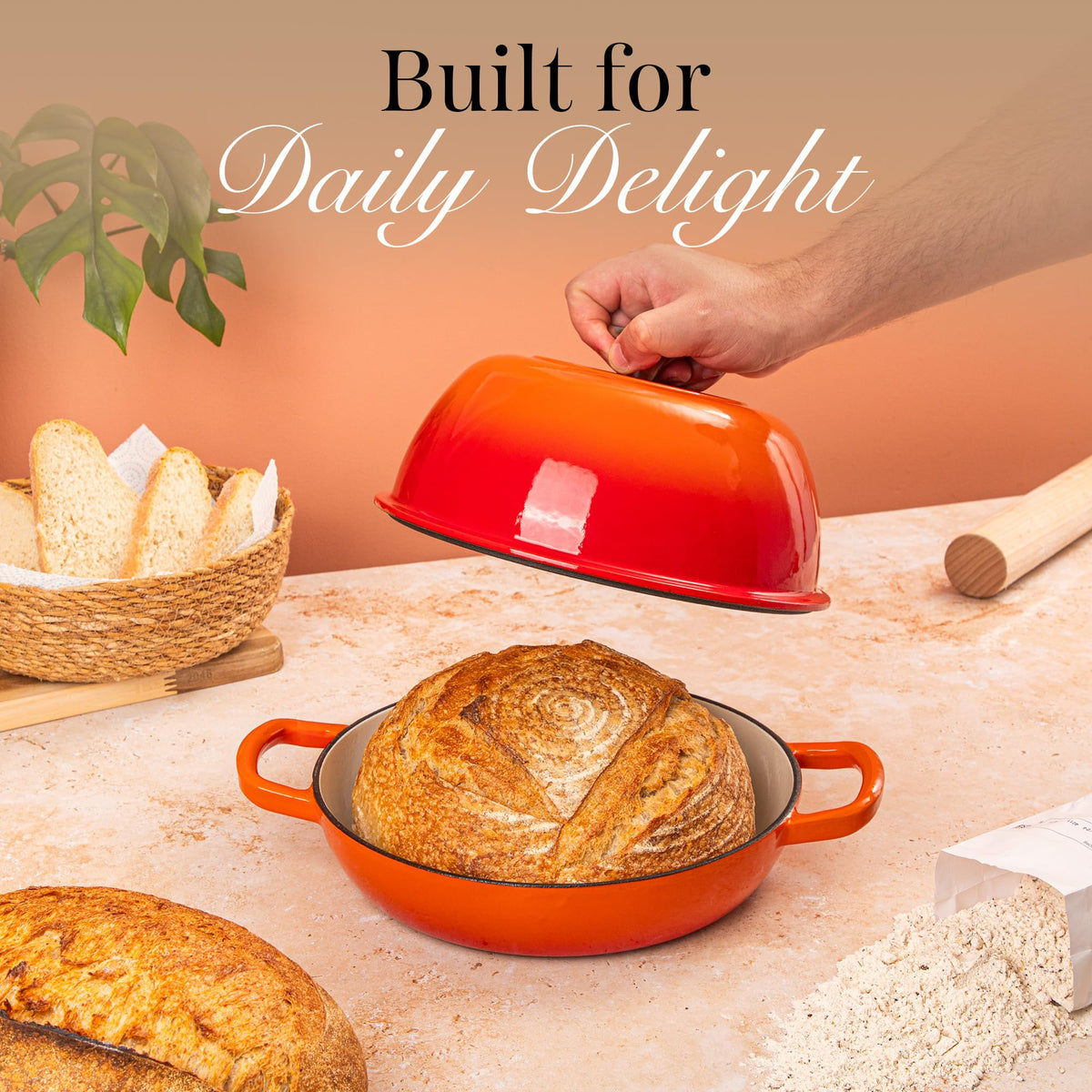 Nuovva Dutch oven shown from oven to table for serving hot dishes.