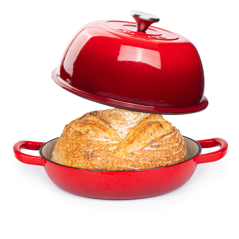 Nuovva enamelled cast iron dutch oven red 26cm with lid on, showcasing even heat.