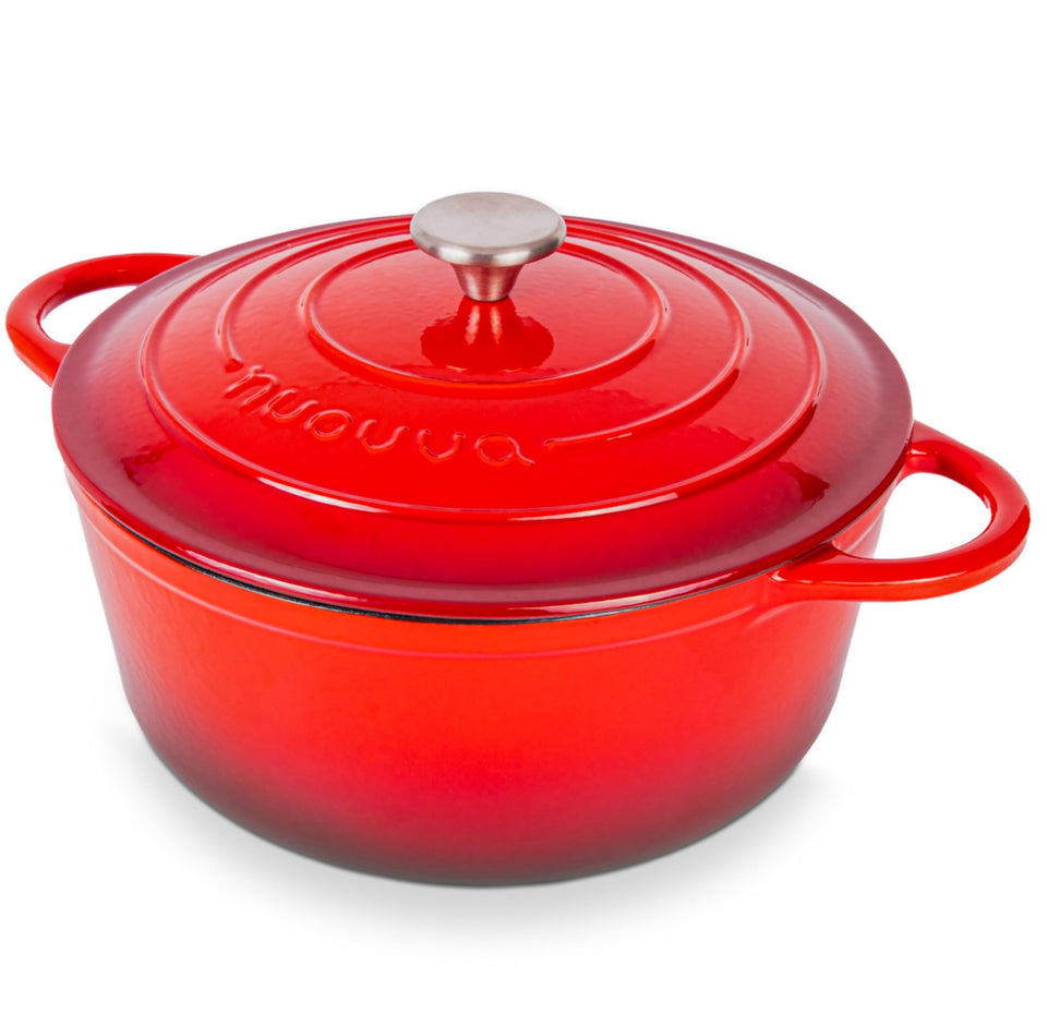 Nuovva enamelled cast iron dutch oven red 28cm with lid for even heat retention.