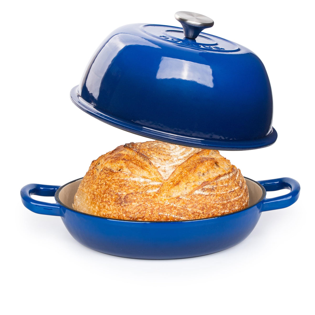 Nuovva enamelled Dutch oven 26cm in dark blue offers even heating for bread and roasts.