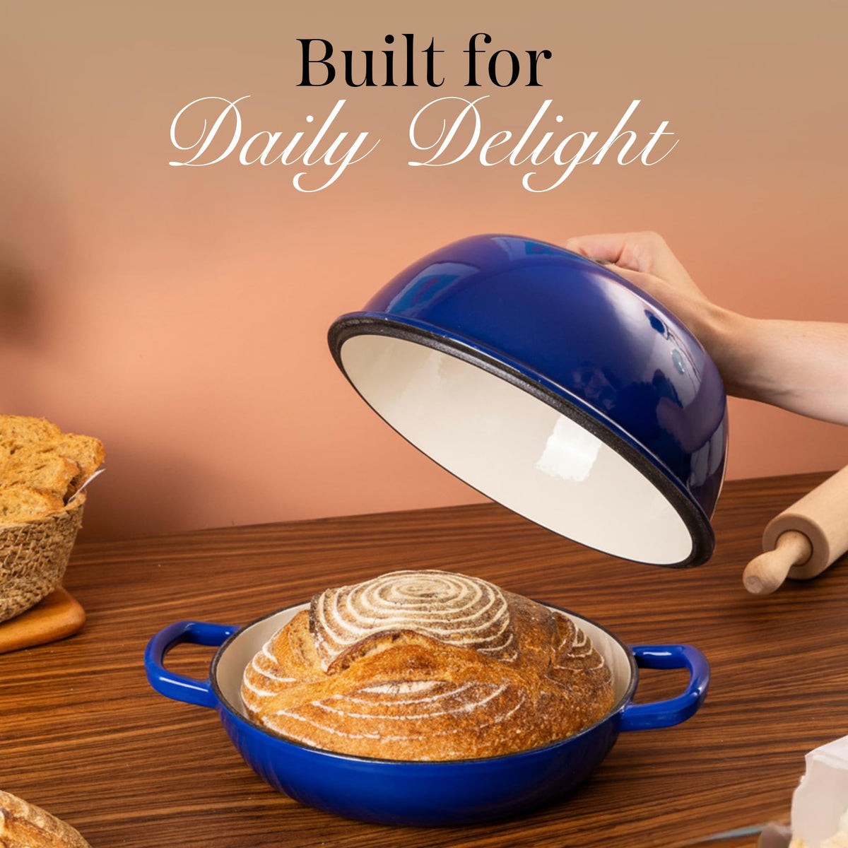 Nuovva enamelled Dutch oven crust-browning captures a golden crust with even heat.