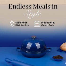 Nuovva enamelled Dutch oven with lid on showcases steam retention for moist crumb.