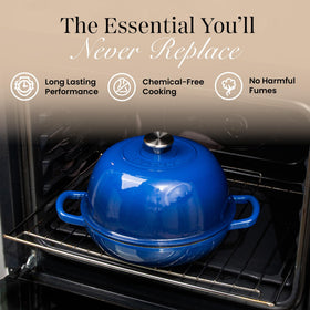 Nuovva enamelled Dutch oven interior enamel resists sticking for quick cleanup.