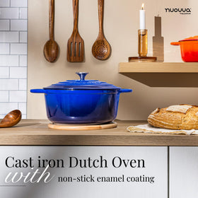 Nuovva enamelled Dutch oven shown for oven cooking with even heat.