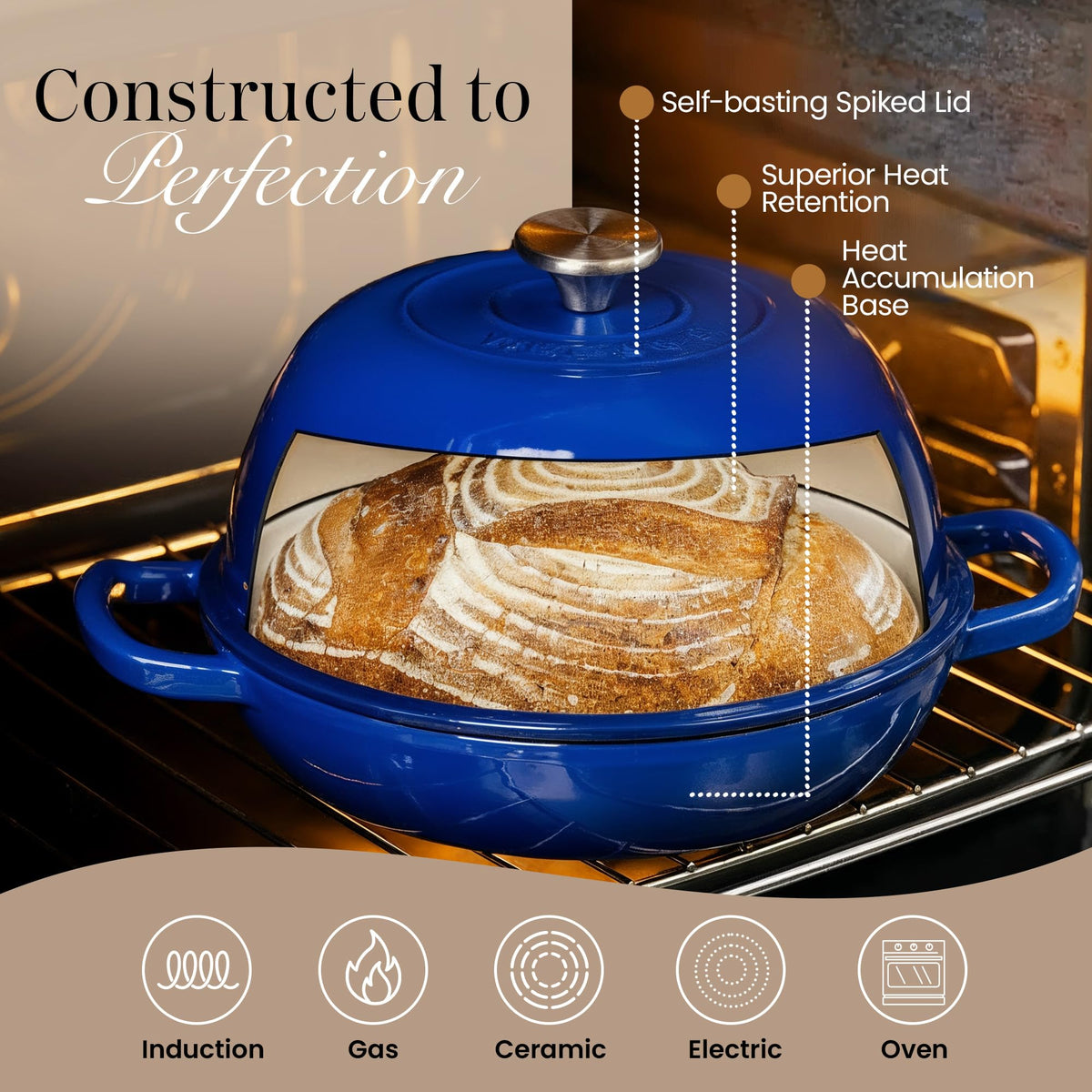 Nuovva enamelled Dutch oven side view highlights durable cast iron construction.