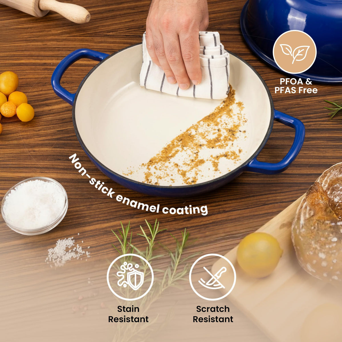 Nuovva enamelled Dutch oven steaming view emphasizes lid traps steam for soft crumb.