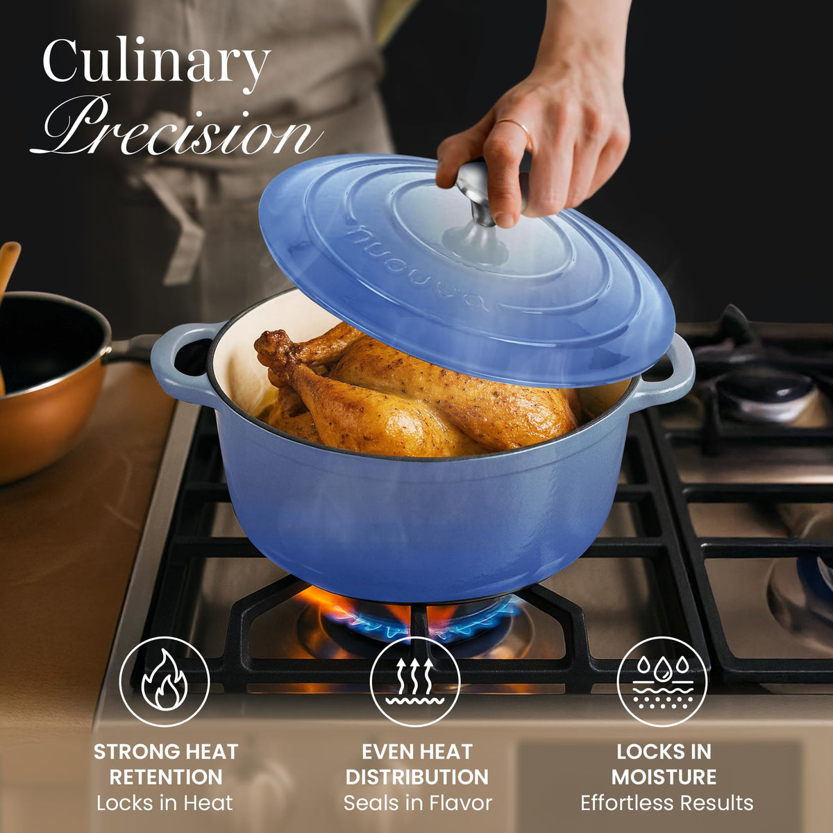 Nuovva blue enamel enhances kitchen color and design.