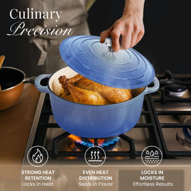 Nuovva blue enamel enhances kitchen color and design.