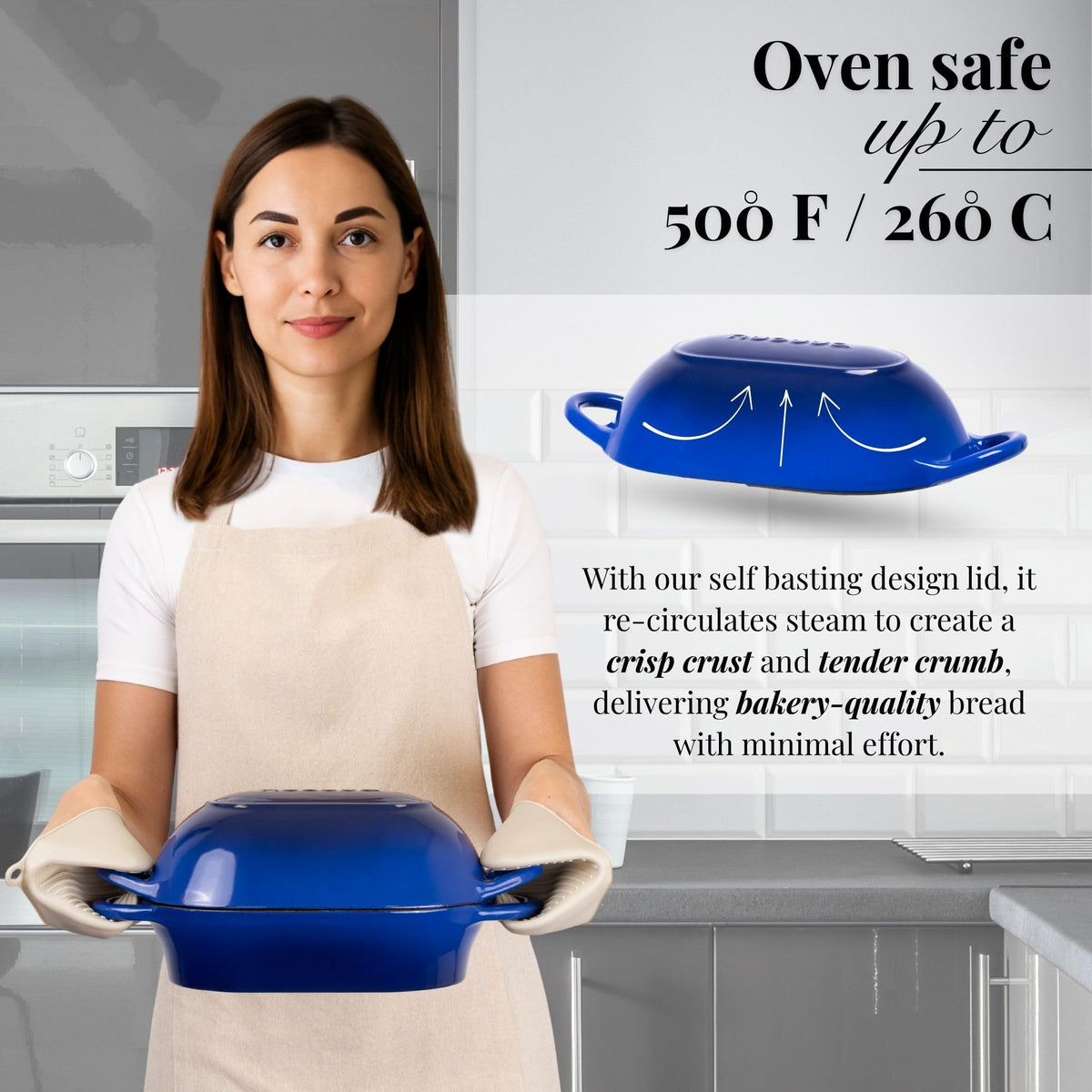 Nuovva moisture-lock self-basting lid preserves moisture in baked goods