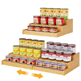 NuoyuanShen expandable bamboo can rack shows adjustable width for compact pantry organization.