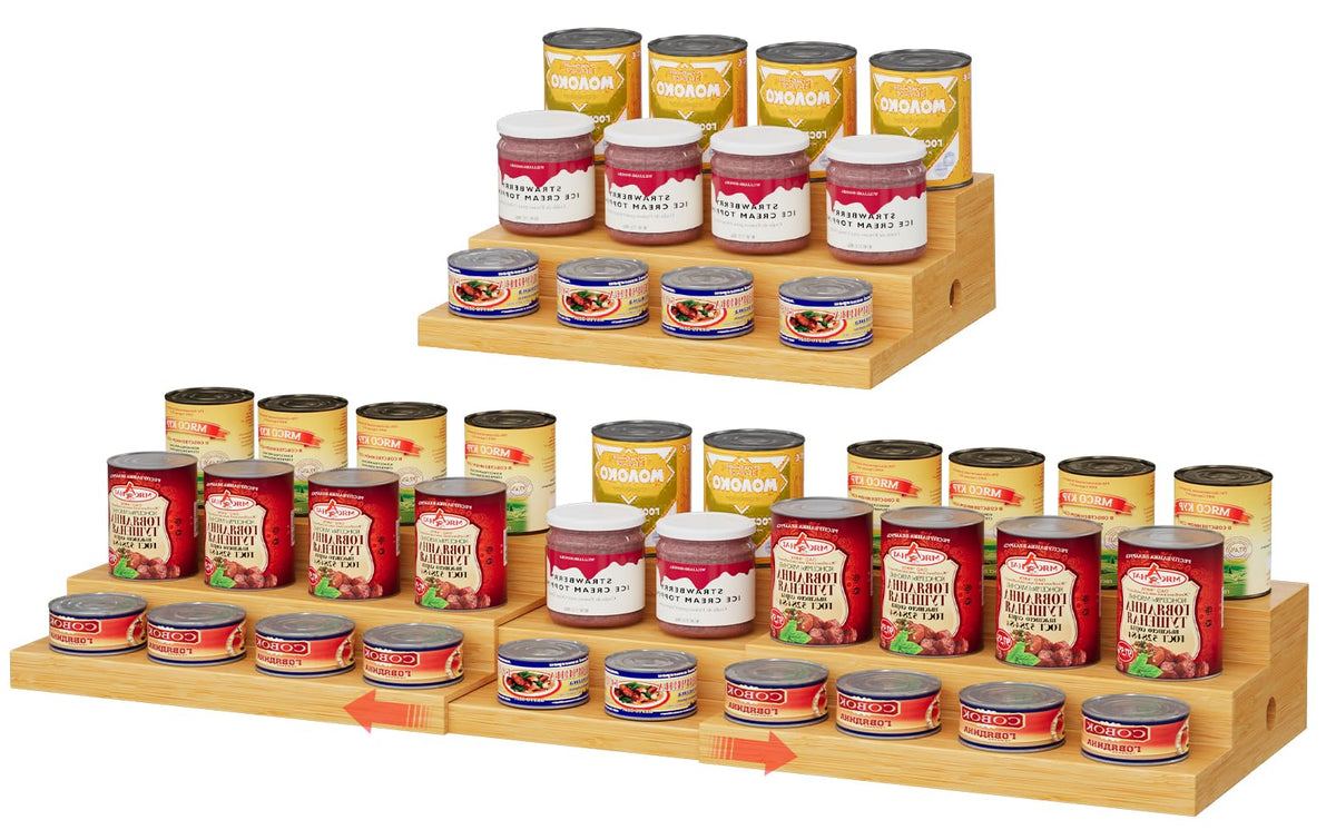 NuoyuanShen extra-long expandable bamboo can rack with extended length for larger pantries.