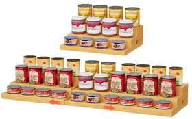 NuoyuanShen extra-long expandable bamboo can rack with extended length for larger pantries.