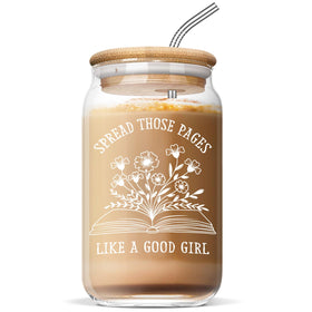 Nurforta bookish glass cup for reading sessions and beverages.