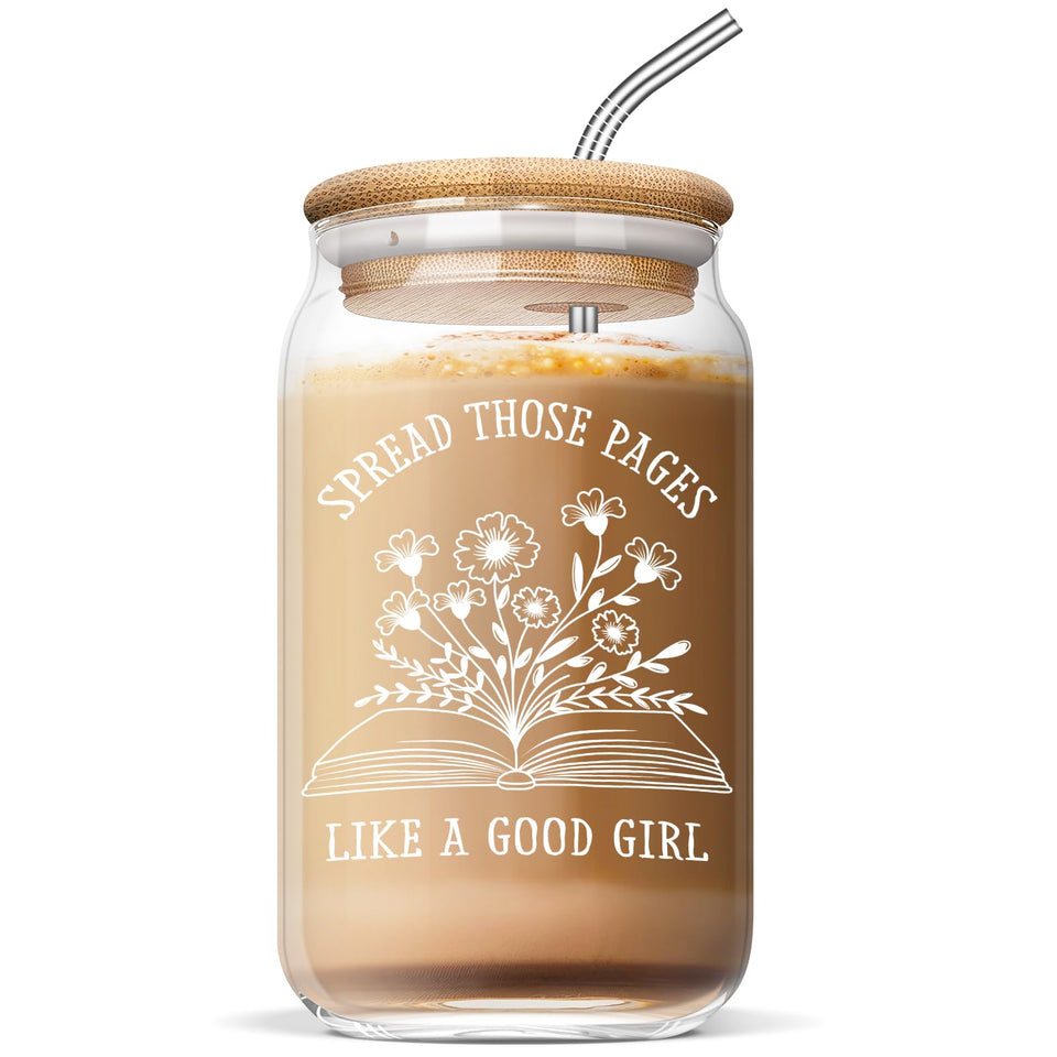 Nurforta bookish glass cup for reading sessions and beverages.