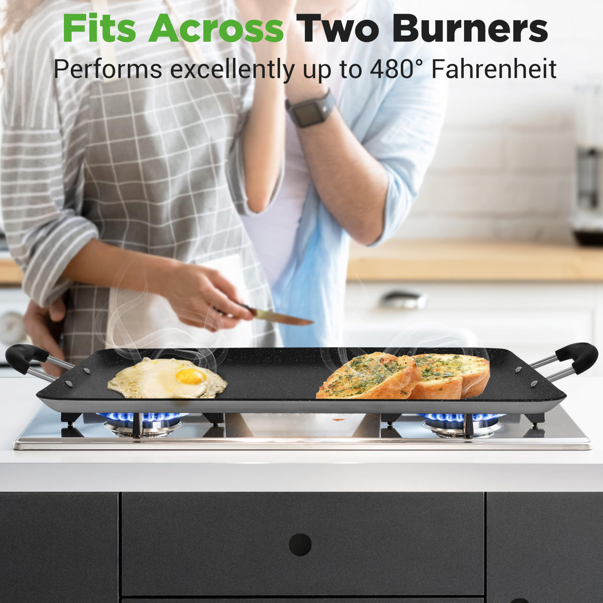 NutriChef bakelite handles on griddle provide heatproof grip during cooking.