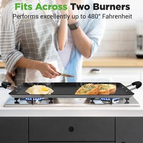 NutriChef bakelite handles on griddle provide heatproof grip during cooking.