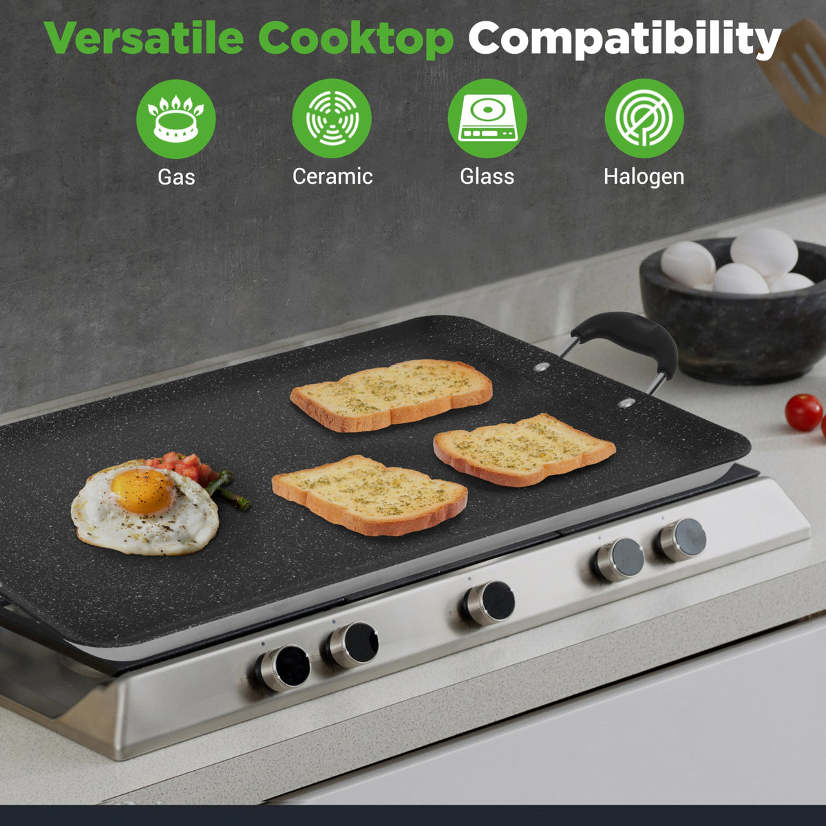 NutriChef stovetop griddle with marble non-stick coating for smooth food release.