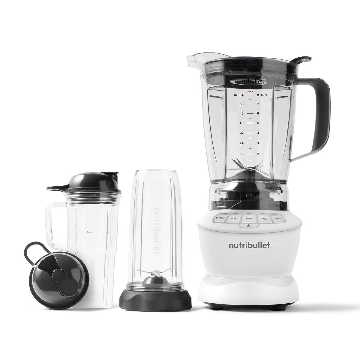 NutriBullet 64 oz pitcher with vented lid shown for large-batch smoothies.