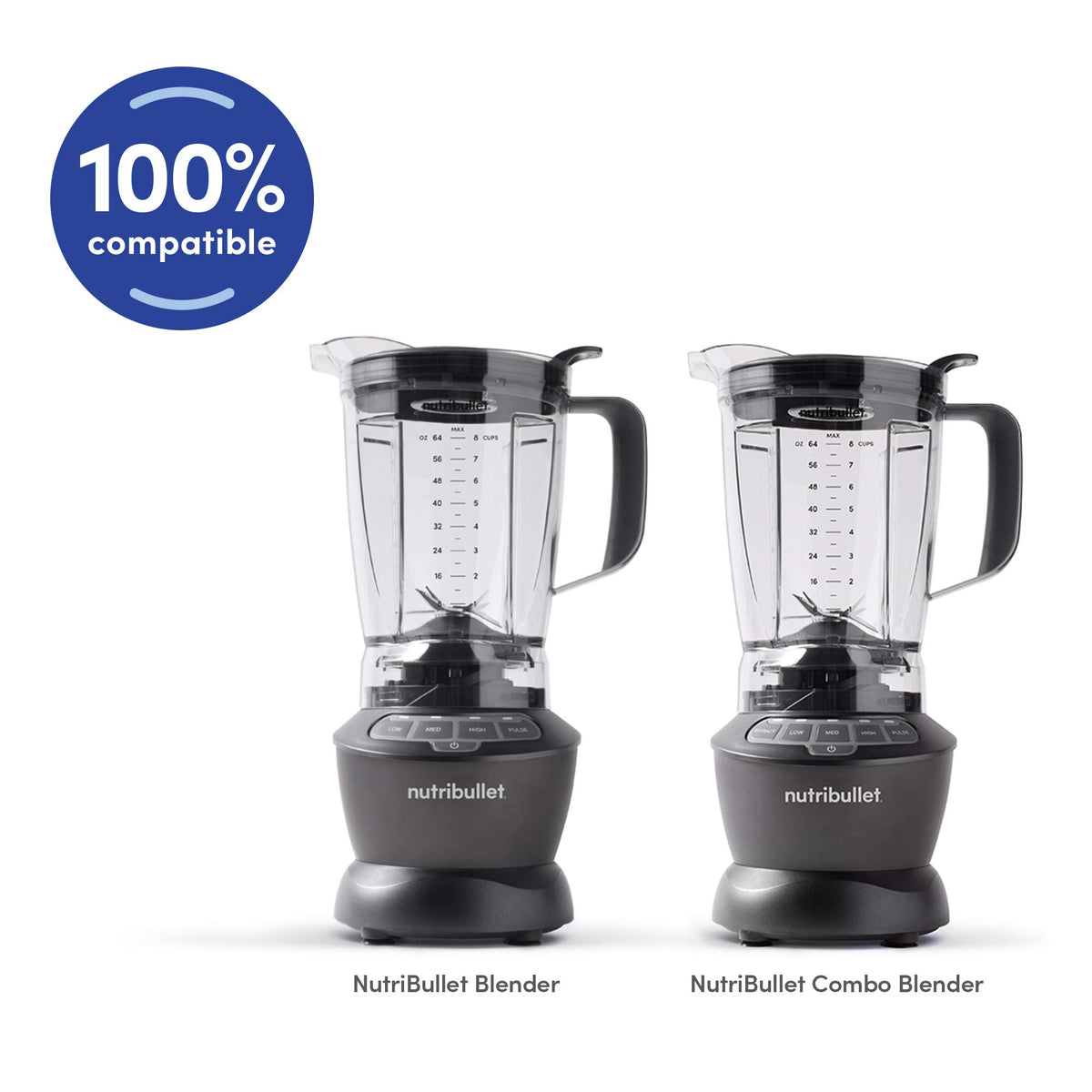 nutribullet 64oz pitcher with tamper included for pushing ingredients toward the blade