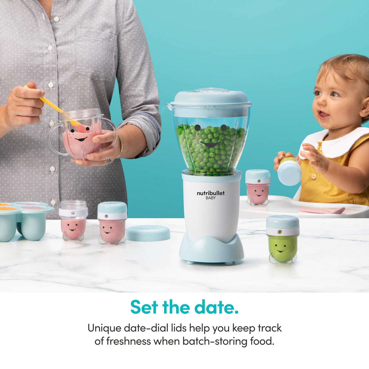 NutriBullet Baby 12oz short cup with handles for grab-and-go feeding.