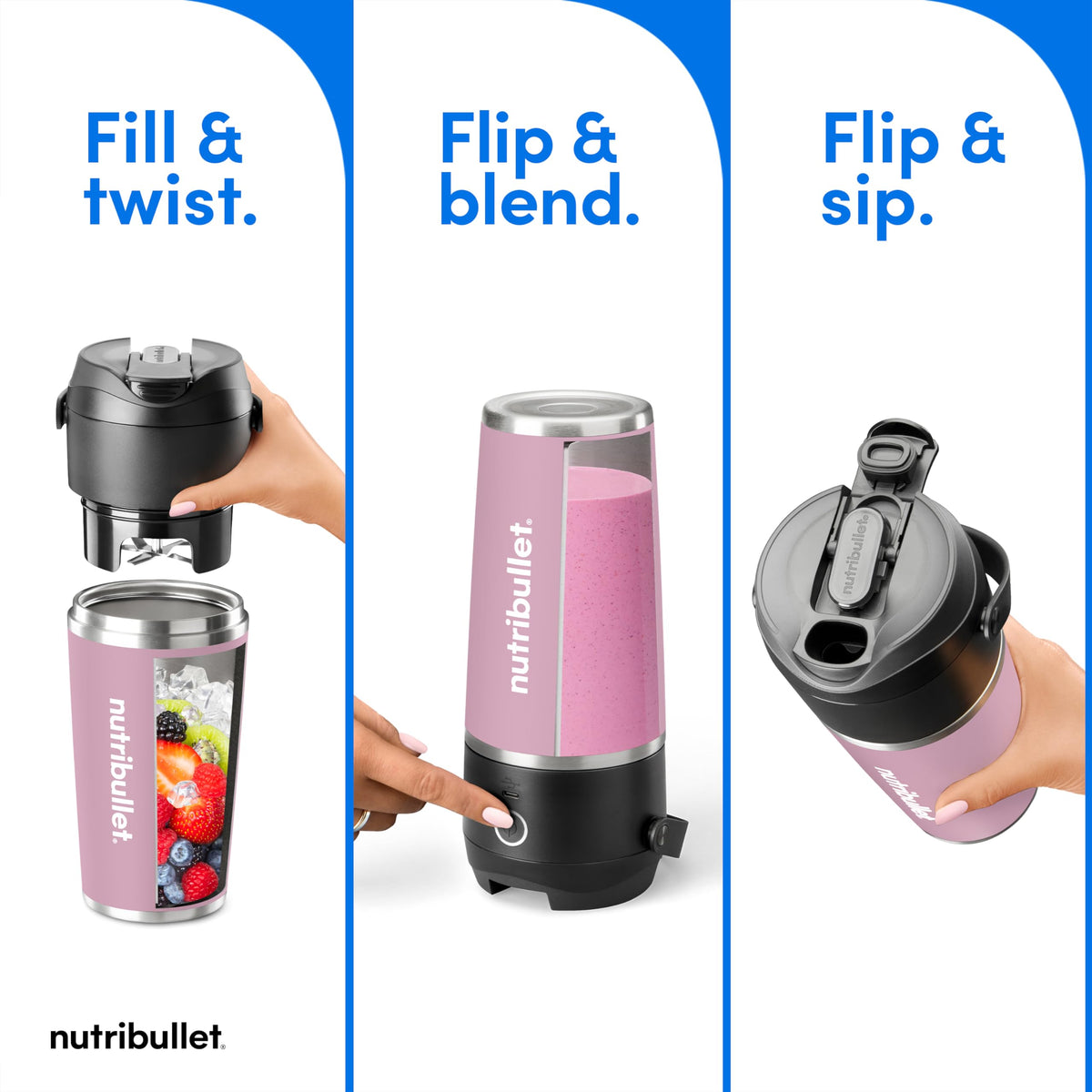 NutriBullet Flip lavender carry handle showcases travel-friendly design