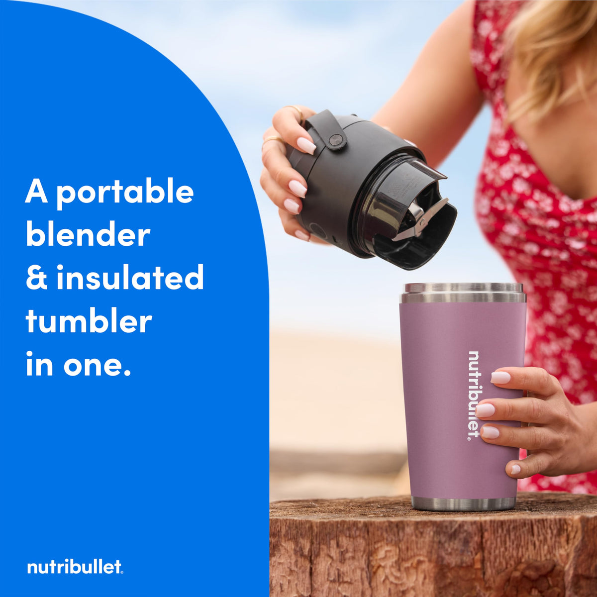 NutriBullet Flip lavender insulated cup side view highlights cold blends on the go