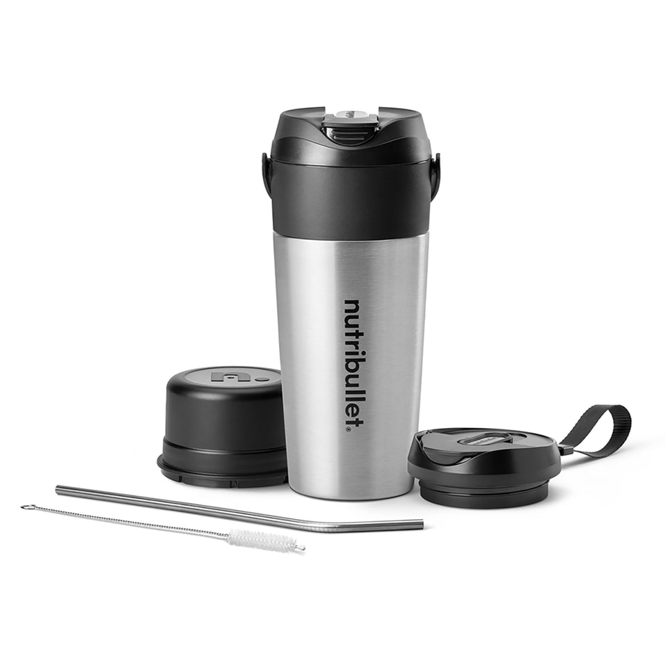 NutriBullet Flip portable blender with insulated tumbler front view highlighting compact design and travel-ready appeal.
