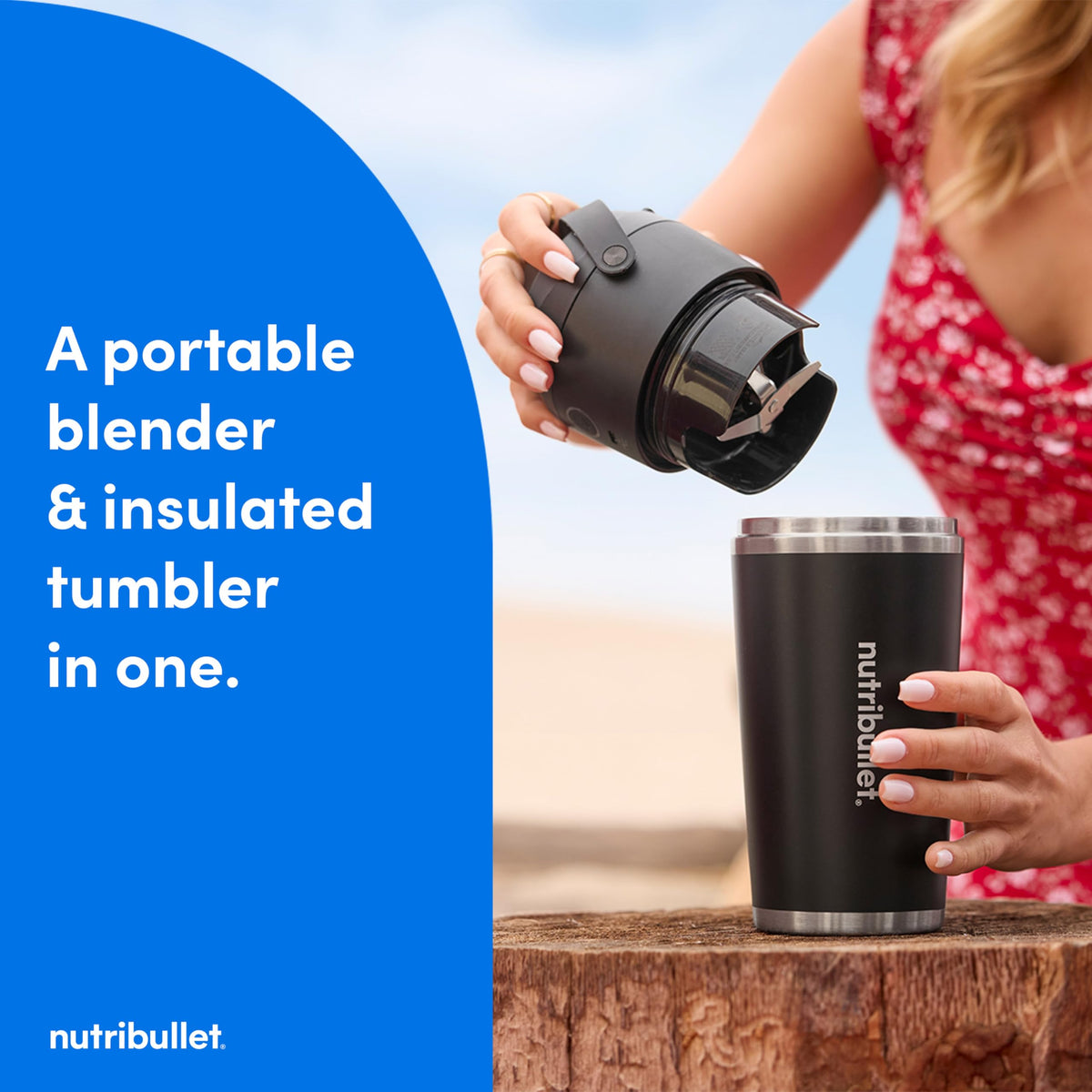NutriBullet Flip portable blender side view showing convenient carry handle for on-the-go use.