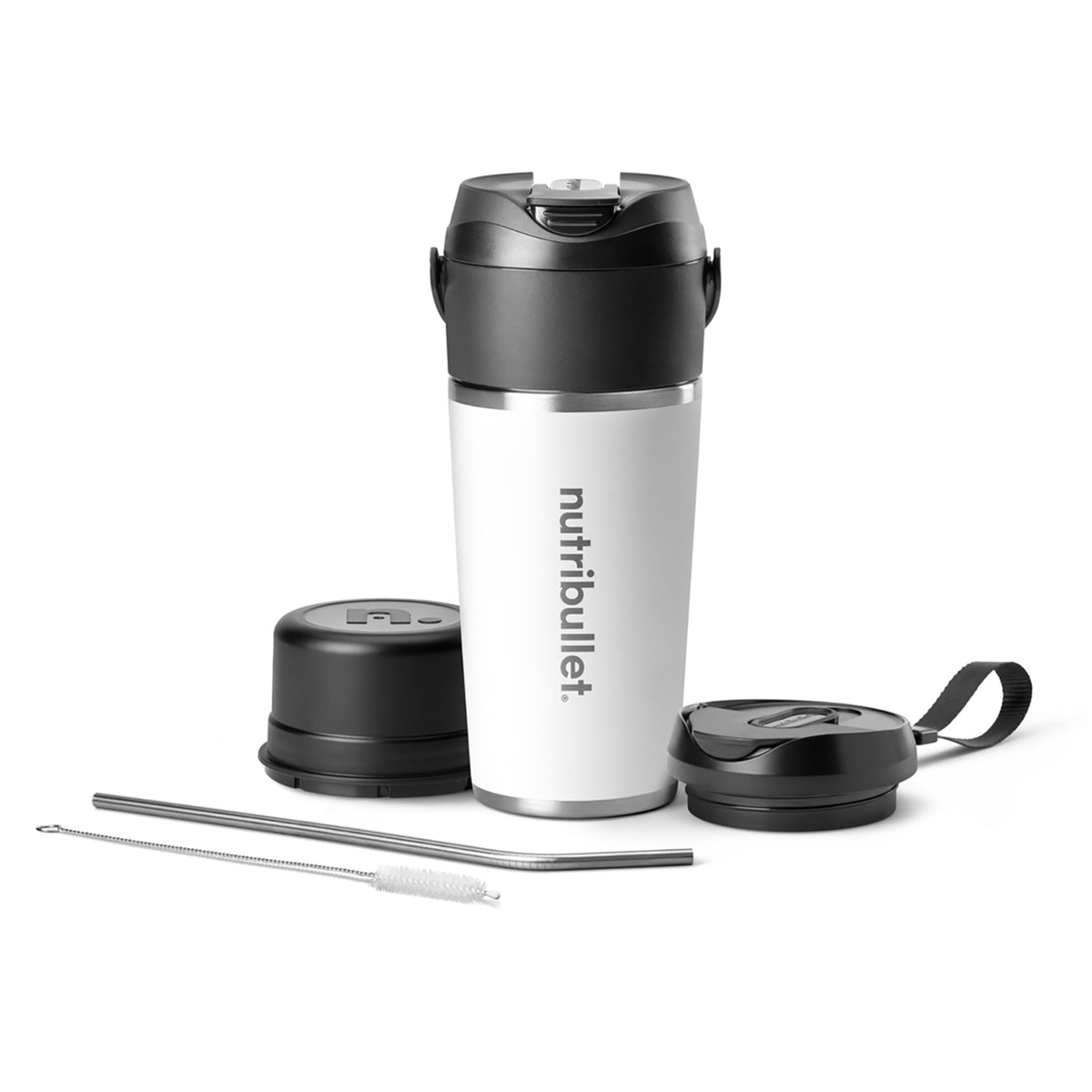 NutriBullet Flip portable blender in white with travel handle for on-the-go blends.