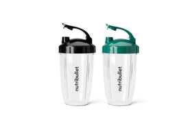 NutriBullet flip-top lids in black and green for secure on-the-go sipping.