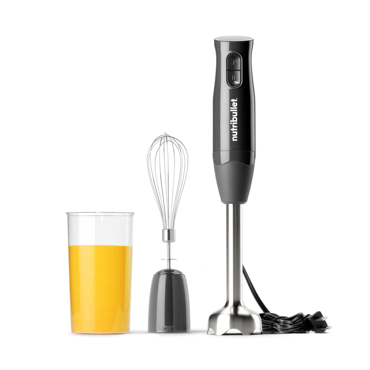 NutriBullet Lite immersion blender arm in stainless steel for in-pot blending.