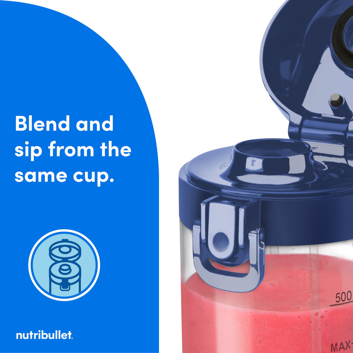 NutriBullet Portable Blender flip-to-sip lid enables quick on the go sipping