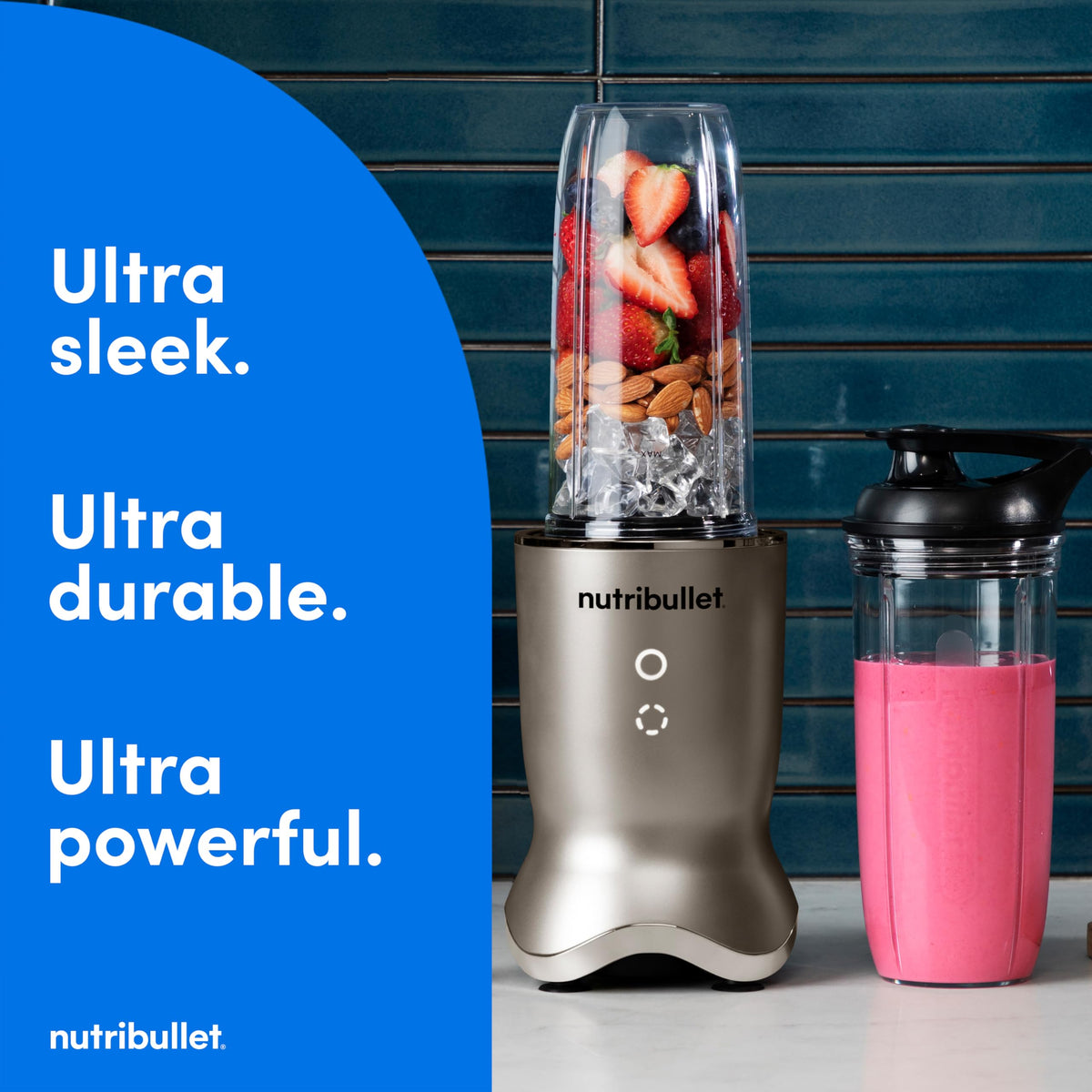 nutribullet Ultra base with glow interface is lit for quick blending choices.