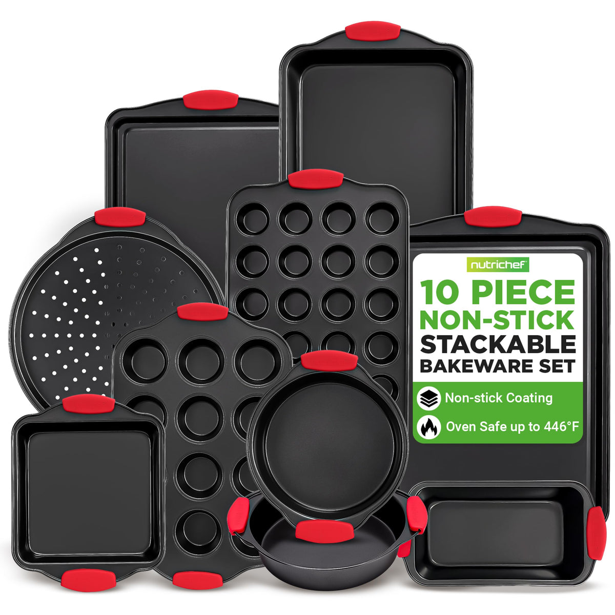 NutriChef 10-piece nonstick bakeware set viewed from above, ready for use in home kitchen.