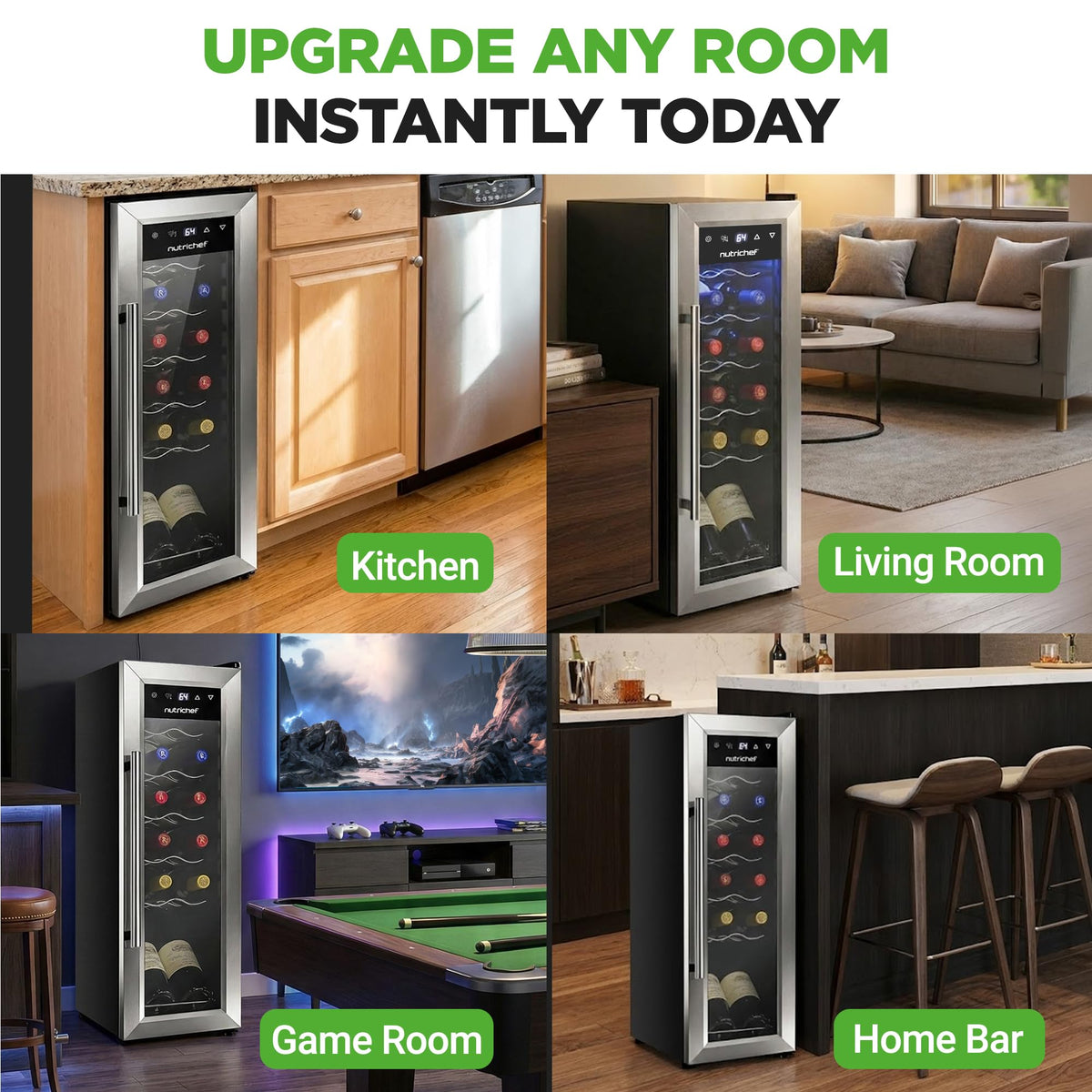 NutriChef wine fridge compact design fits kitchen, office, or bar areas.